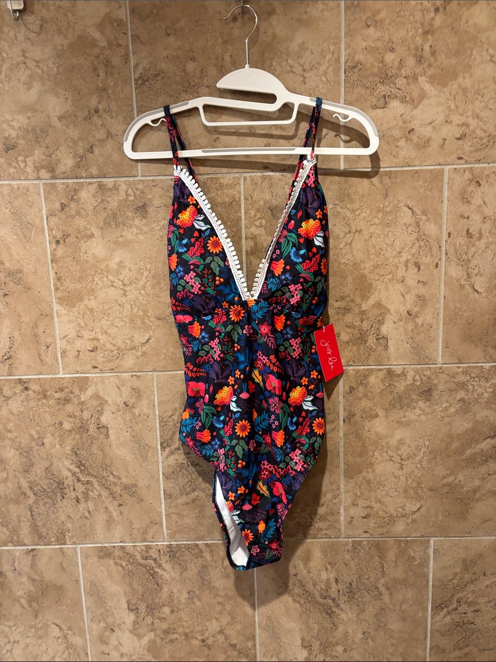 Floral Deep-V One-Piece Swimsuit in Navy